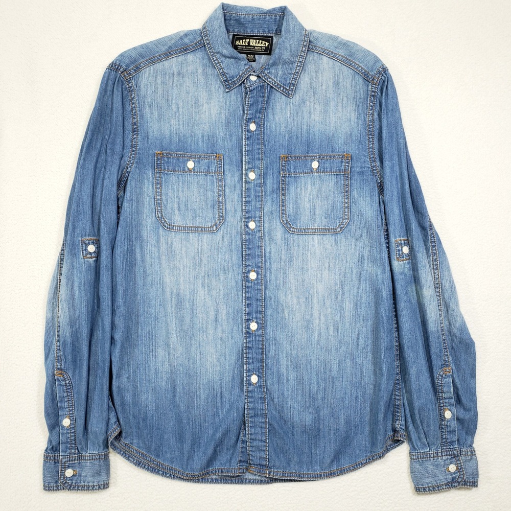 Salt Valley Button Up Shirt Men Medium Blue Denim Roll Tab Sleeve Western Casual